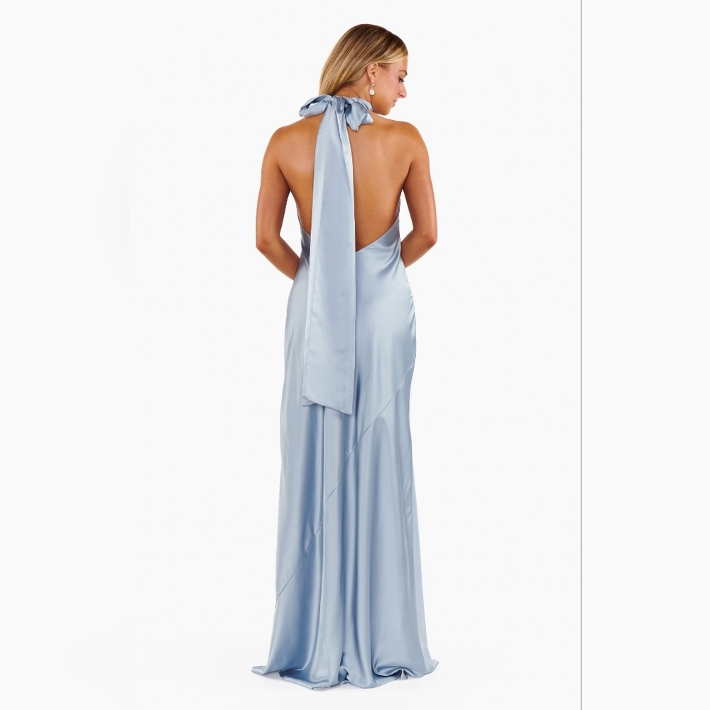 Show Me Your MuMu Lisa Maxi Steel Blue Luxe Satin Dress L Wedding Party Prom - Picture 6 of 13